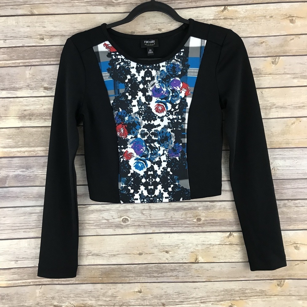 Nicole Nicole Miller Top Womens XS Floral Scuba Knit Crop‎ Black Long Sleeve